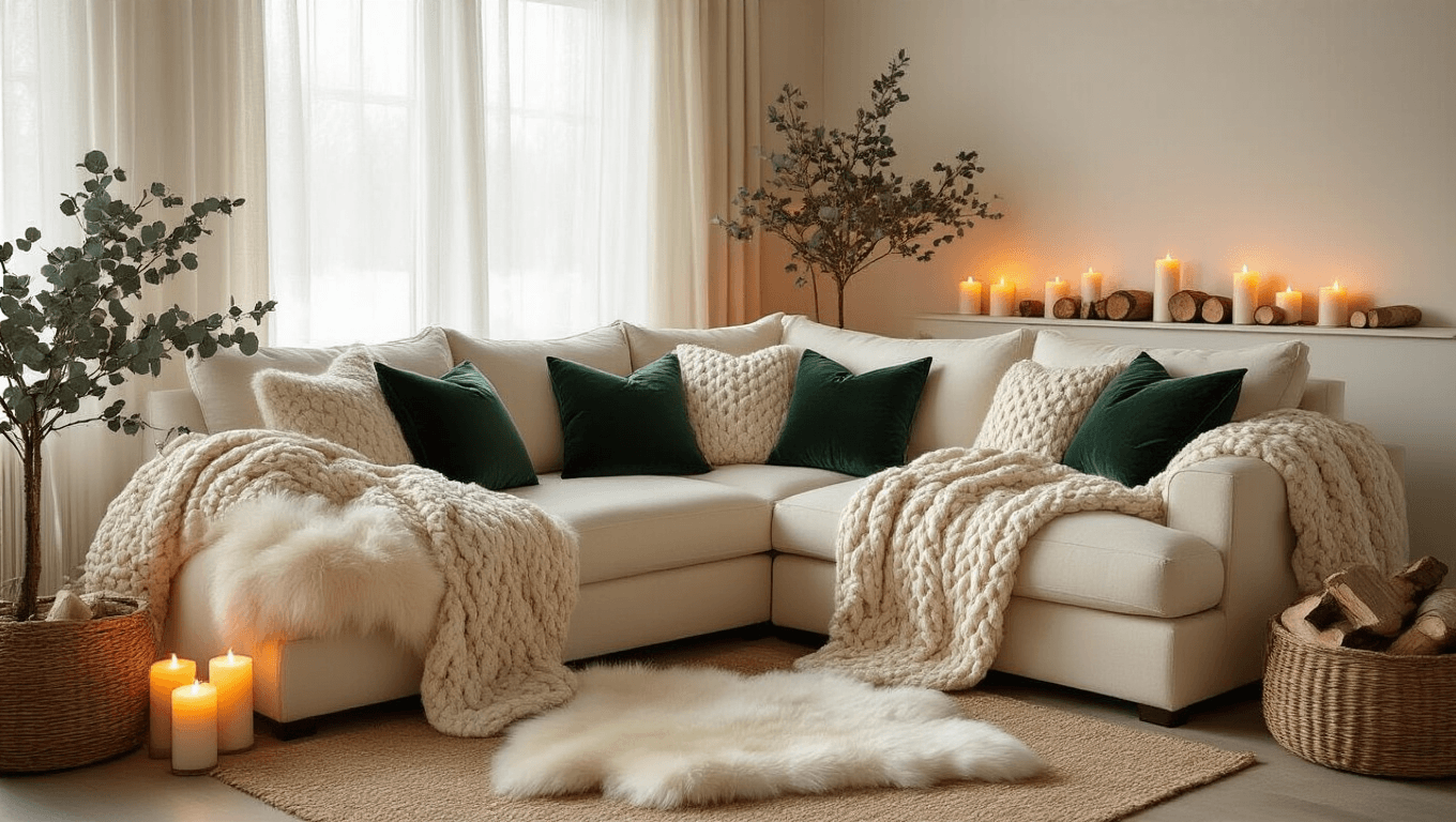 How to Turn Your Home into a Cozy Winter Haven (Without Breaking the Bank) A cozy winter living room featuring a plush cream sectional sofa with chunky knit throws, deep emerald velvet pillows, and luxurious faux fur blankets, illuminated by warm golden hour light and glowing candles, all set against soft white walls and layered textures for an inviting atmosphere.