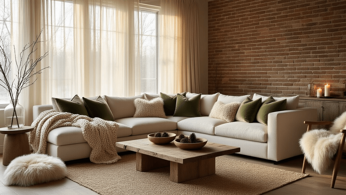How I Transform My Home Into a Winter Sanctuary Without Breaking the Bank Cozy winter living room with cream sectional sofa, chunky knit throws, faux fur pillows, and sage green cushions; warm golden hour lighting through sheer curtains, hardwood floors with jute rug, reclaimed wood coffee table with pinecones, and birch branches in a tall vase; brick accent wall and flickering candles create a sanctuary atmosphere.