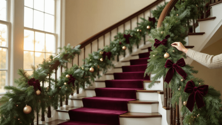 How to Hang Garland on Stairs Without Losing Your Mind (Or Your Safety) Elegant curved staircase adorned with lush garland of pine and eucalyptus, burgundy velvet bows, and warm golden hour light, featuring close-up details of ornaments and twinkling fairy lights, creating a cozy holiday atmosphere.