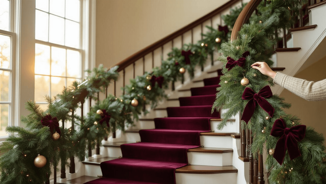 Elegant curved staircase adorned with lush garland of pine and eucalyptus, burgundy velvet bows, and warm golden hour light, featuring close-up details of ornaments and twinkling fairy lights, creating a cozy holiday atmosphere.