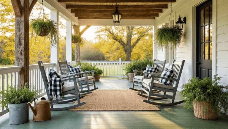 How to Create a Farmhouse Front Porch That Makes Everyone Want to Stay Photorealistic wide-angle view of a cozy farmhouse porch at golden hour, featuring sage green floorboards, reclaimed wood beams, oversized rocking chairs, and plants in terracotta pots, conveying a warm inviting atmosphere.