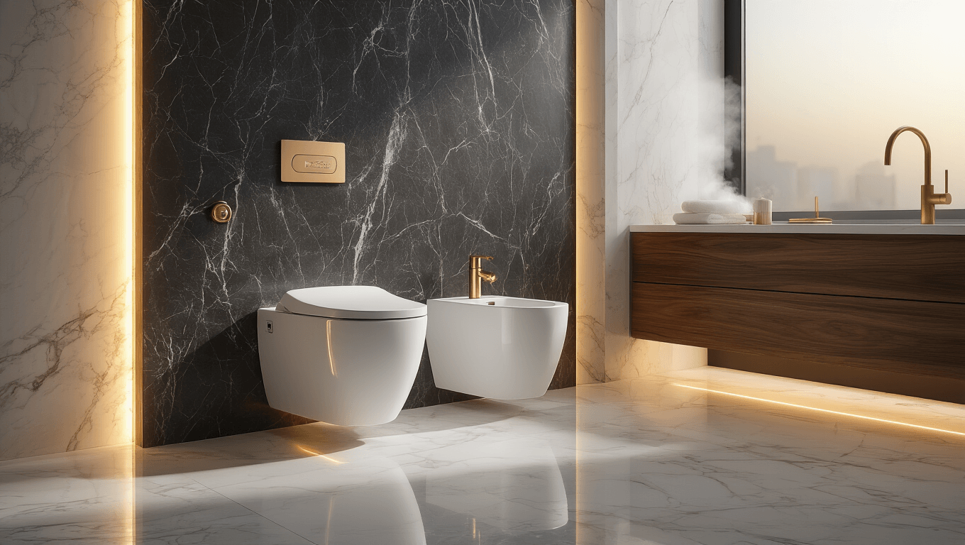 Photorealistic luxury bathroom featuring a sleek white TOTO smart toilet with integrated bidet, set against a charcoal marble accent wall, accented by warm LED lighting and polished porcelain floor tiles, complemented by a floating walnut vanity with brass fixtures, capturing a sophisticated spa-like atmosphere with golden hour sunlight and subtle steam.