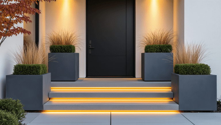 Modern Front Porch Planters That'll Make Your Neighbors Actually Stop and Stare Cinematic golden hour photograph of a modern home entrance with charcoal gray geometric planters, ornamental grasses, sleek black door, and warm concrete steps, highlighting sophisticated urban design.