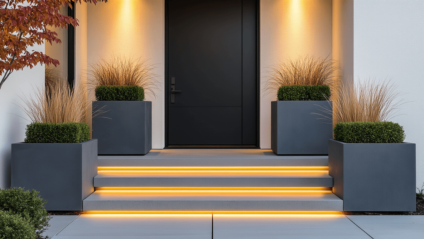 Modern Front Porch Planters That'll Make Your Neighbors Actually Stop and Stare Cinematic golden hour photograph of a modern home entrance with charcoal gray geometric planters, ornamental grasses, sleek black door, and warm concrete steps, highlighting sophisticated urban design.