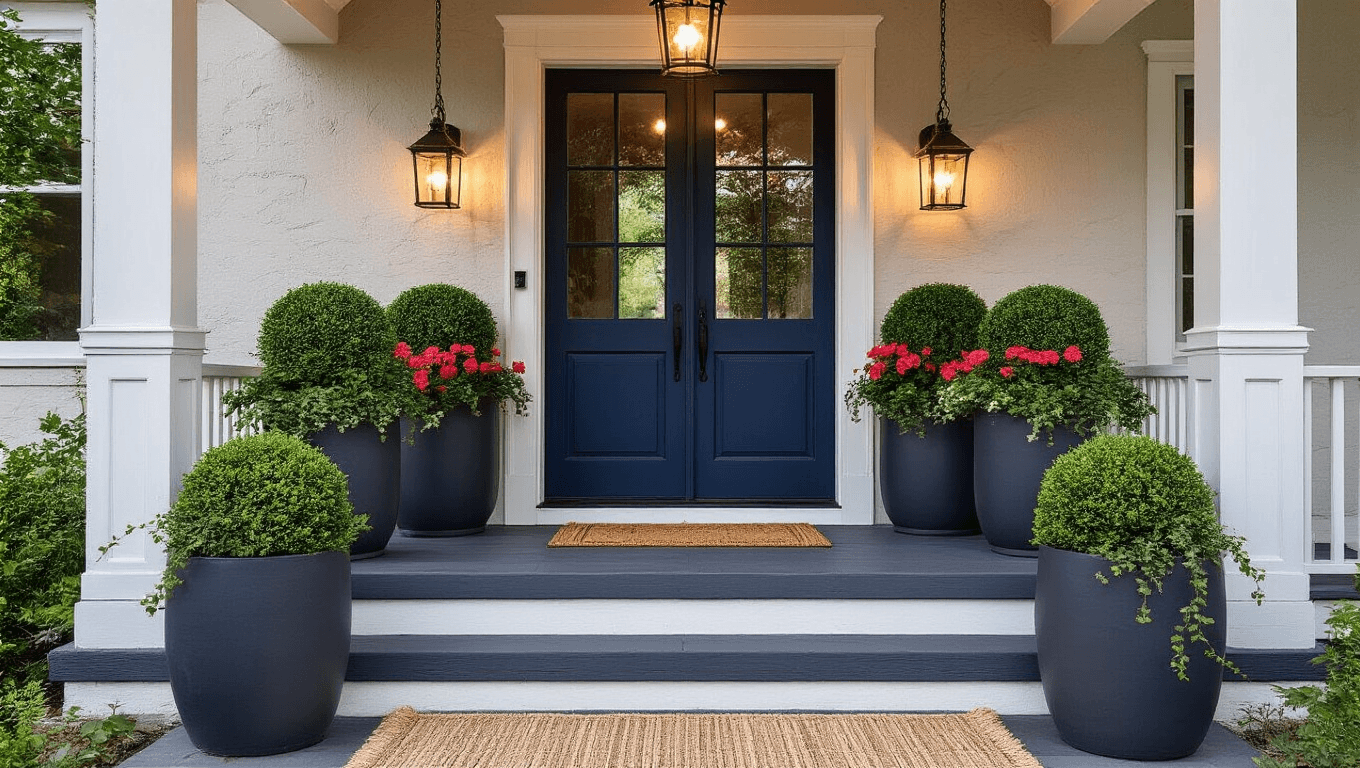 Transform Your Tiny Front Porch Without Emptying Your Wallet Cinematic front porch with a deep navy blue door, oversized charcoal planters, layered neutral jute rugs, and warm pendant lighting, featuring a cozy arrangement under twilight skies with dramatic shadows.