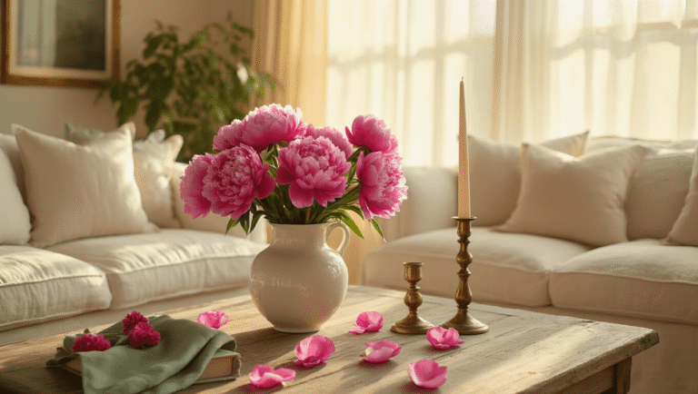 The Pink Flower Garden You've Been Dreaming About (And How to Actually Grow It) A sunlit living room with hot pink peonies in a white ceramic vase on a weathered oak coffee table, surrounded by cream linen furniture and a Persian rug, bathed in golden hour light filtering through gauze curtains. Features include close-up textures of flower petals, scattered pink petals, and a cozy reading nook with carnations in mason jars.