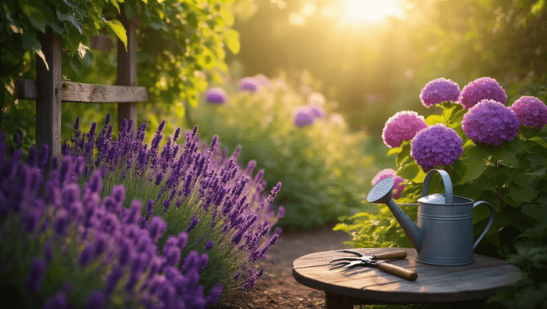 Purple Flowers: Your Complete Guide to Growing Nature's Most Enchanting Blooms Cinematic wide-angle shot of a vibrant purple flower garden at golden hour, featuring lavender, clematis, and hydrangeas, with a vintage watering can and pruning shears on a rustic table, surrounded by lush green foliage and dappled sunlight.