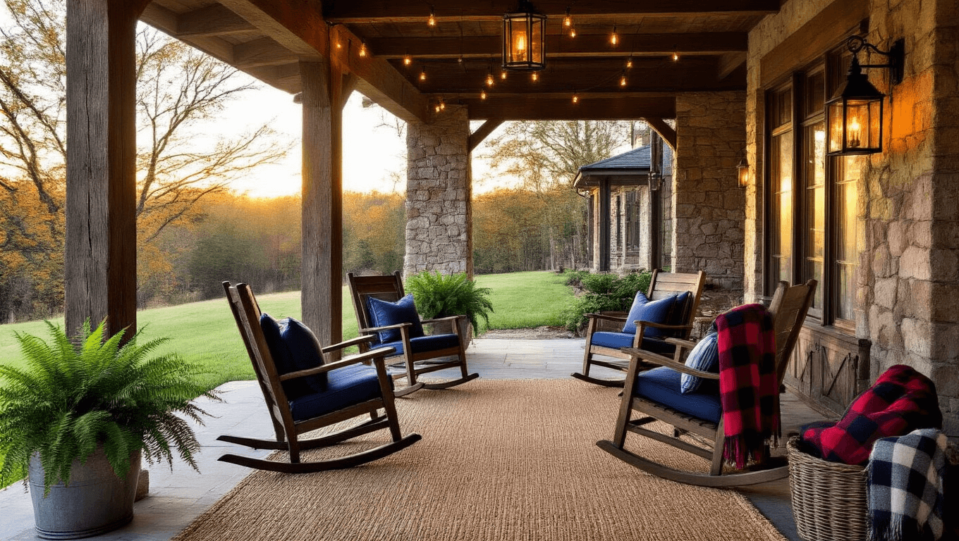 Rustic Farmhouse with Wrap-Around Porch: Your Complete Design Guide Cinematic wide-angle view of a rustic farmhouse wrap-around porch during golden hour, featuring weathered cedar columns, stone pillars, contoured rocking chairs with navy striped cushions, layered sisal rugs, a reclaimed barn wood ceiling, Edison bulb string lights, oversized galvanized lanterns, Boston ferns in vintage buckets, cozy buffalo check throws, barn-style black iron sconces, and warm amber lighting through natural linen curtains, all showcasing authentic farmhouse charm.