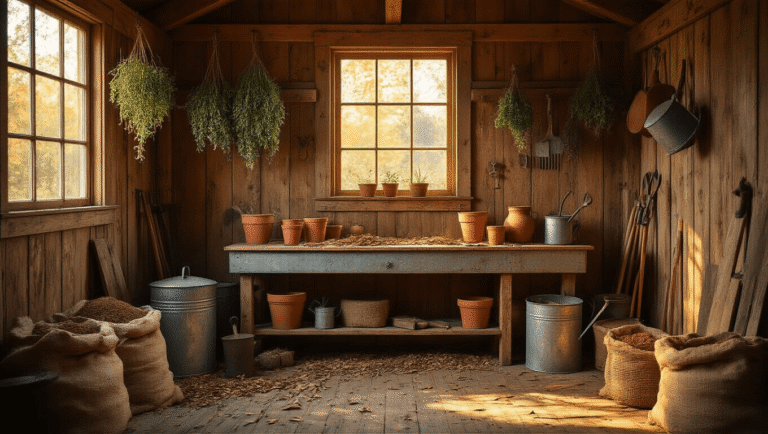 Garden Sheds: Everything You Need to Know Before You Buy or Build One A cozy interior of a rustic garden shed workshop, illuminated by warm golden hour light, showcasing reclaimed cedar walls, a vintage potting bench with gardening tools, and burlap sacks of soil, creating a charming atmosphere with earthy tones and soft shadows.