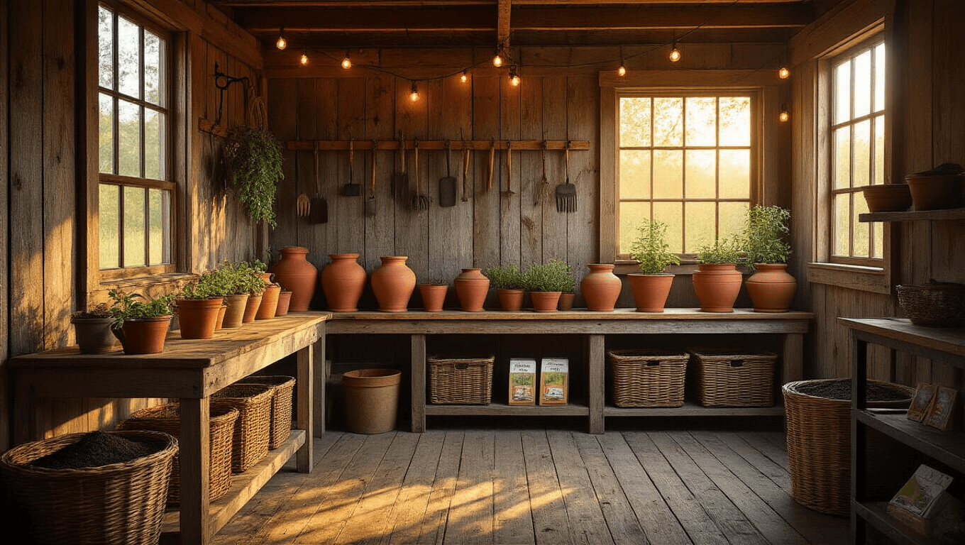 Cinematic view of a rustic garden shed workspace with weathered cedar walls, vintage terracotta pots on a reclaimed potting bench, antique gardening tools, and warm golden hour sunlight creating a cozy atmosphere.