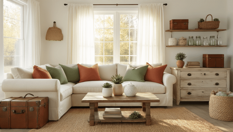 DIY Spring Decor That'll Make Your Home Bloom Without Breaking the Bank Cozy living room in golden hour light with cream sofa, sage green and terracotta pillows, rustic coffee table, and decorative spring elements.