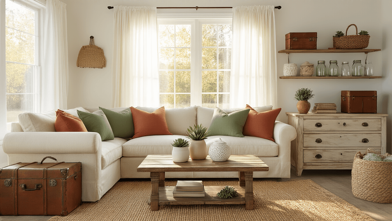 DIY Spring Decor That'll Make Your Home Bloom Without Breaking the Bank Cozy living room in golden hour light with cream sofa, sage green and terracotta pillows, rustic coffee table, and decorative spring elements.