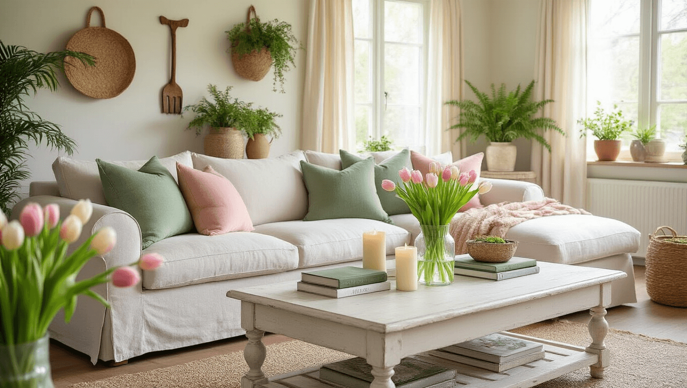 Bright and airy living room featuring a neutral linen sectional, sage green and blush pink pillows, distressed white coffee table with botanical books and fresh tulips, soft morning light through sheer curtains, textured baskets, terracotta pots with ferns, and vintage garden tools as decor, creating an inviting spring atmosphere.