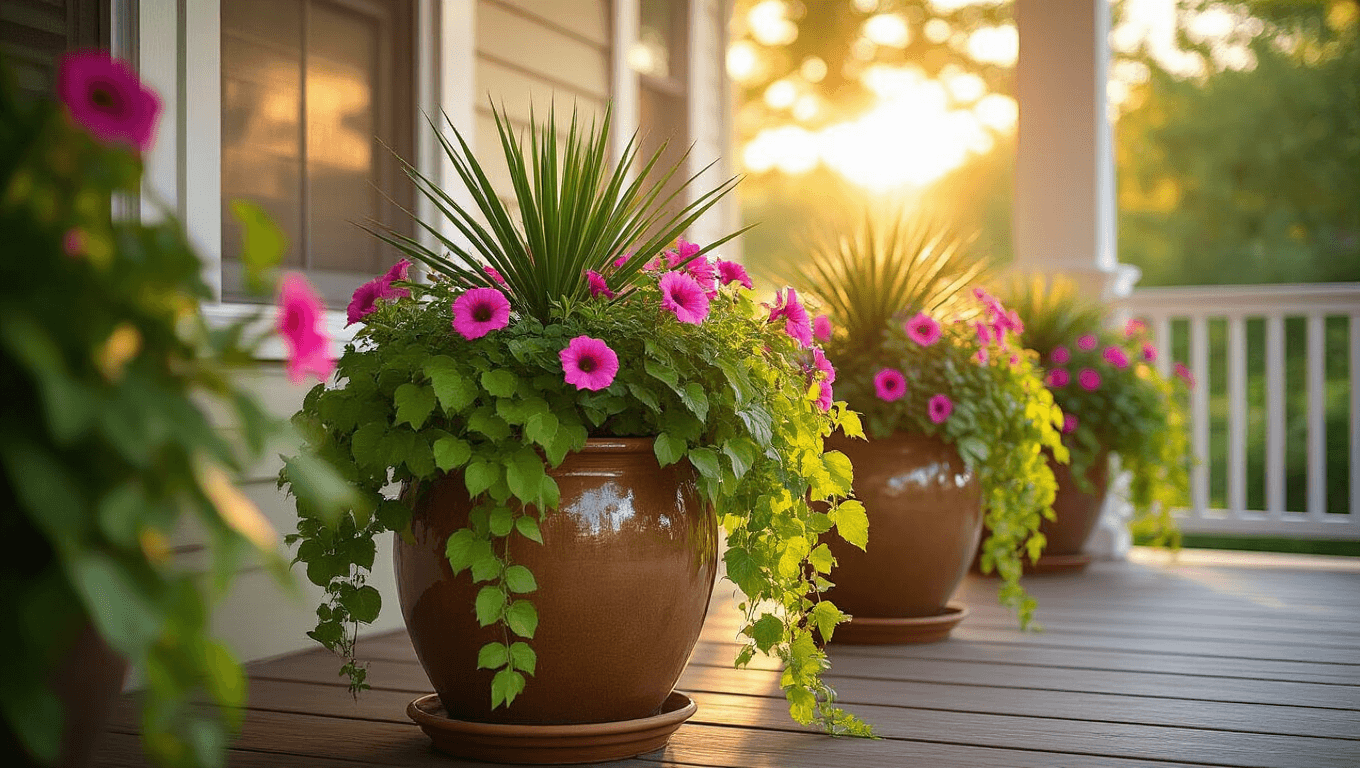 Summer Front Porch Planters That'll Make Your Neighbors Jealous (Even If You Can't Keep a Cactus Alive) Cinematic wide-angle shot of a sunlit front porch at golden hour, featuring ceramic planters with yucca, petunias, and sweet potato vines on a wooden deck.