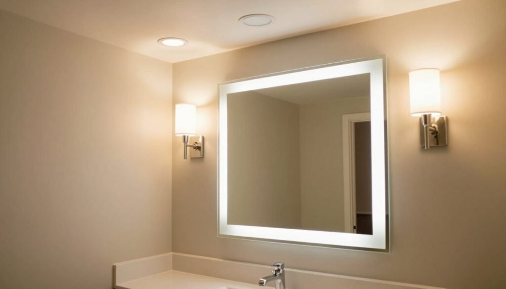 well-lit small bathroom with tub layout showing layered lighting well-lit small bathroom with tub layout showing layered lighting