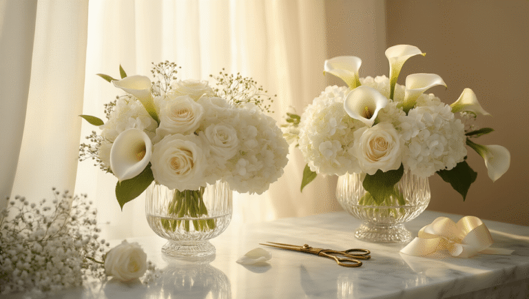 White Flowers That'll Transform Your Home Into a Serene Sanctuary Cinematic wide shot of an elegant white flower arrangement with roses, calla lilies, and hydrangeas on polished marble, illuminated by warm golden hour light streaming through sheer curtains, creating a serene and luxurious atmosphere.