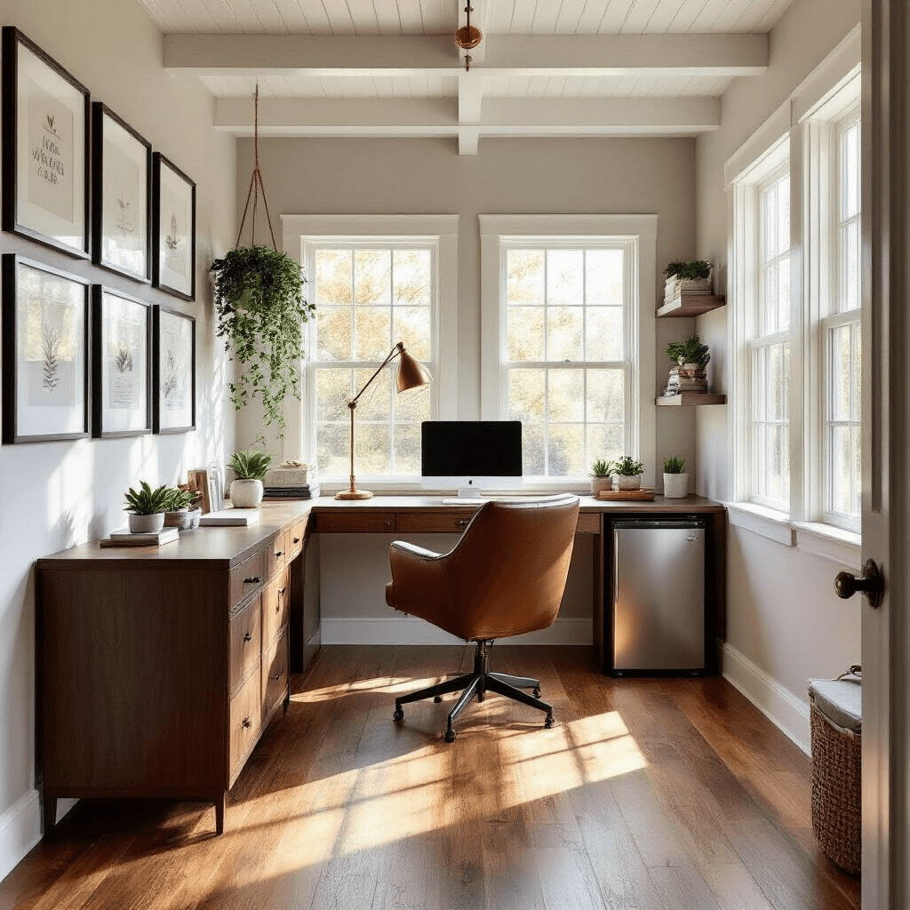 She Shed Ideas: Your Complete Guide to Creating the Perfect Backyard Retreat Sophisticated home office shed interior at golden hour, featuring rich walnut flooring, white beam ceiling, modern dark oak desk with ergonomic chair, floating shelves with books and succulents, gallery wall of framed prints, stainless steel mini-fridge with brass lamp, soft gray walls, cream window treatments, and a hanging pothos plant.