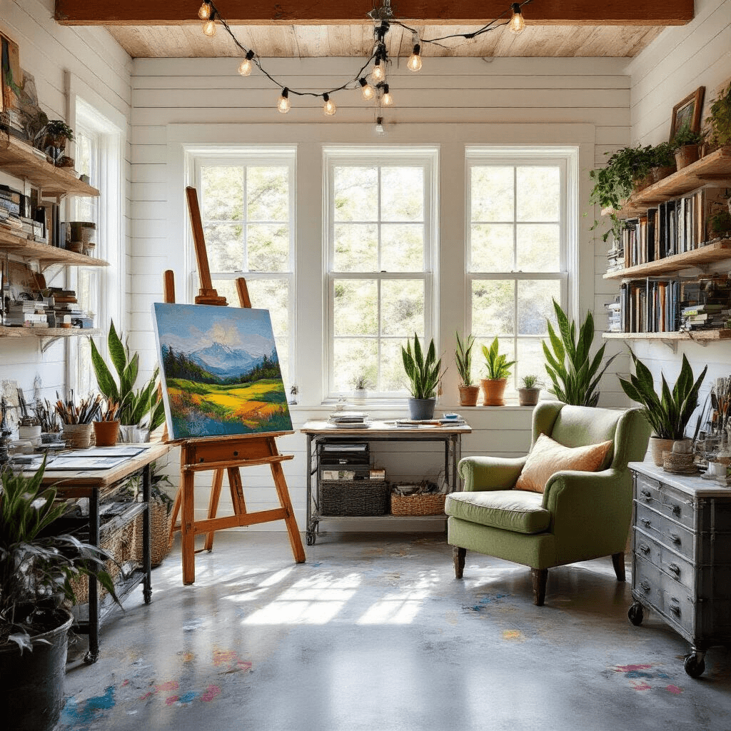 She Shed Ideas: Your Complete Guide to Creating the Perfect Backyard Retreat Cozy artist's studio she shed with polished concrete floors, white shiplap walls, and abundant natural light. Features a wooden easel with a vibrant landscape painting, art supplies on floating shelves, a vintage cart, a sage green armchair, built-in bookshelves filled with art books, and potted plants. Soft, even lighting highlights the warm whites, sage greens, and pops of sunset orange in the space.