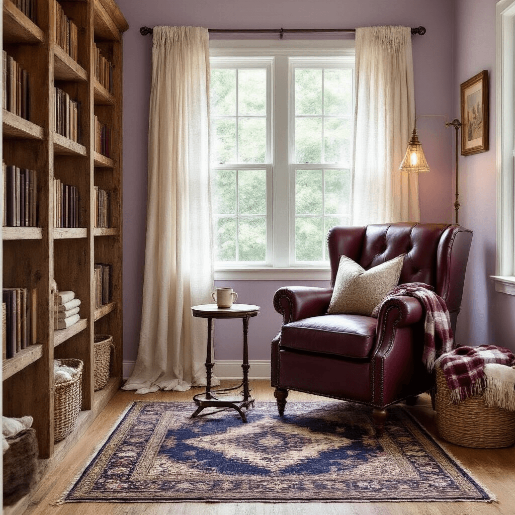 She Shed Ideas: Your Complete Guide to Creating the Perfect Backyard Retreat An intimate reading sanctuary she shed with honey oak flooring, lavender walls, a burgundy leather chair, and a reclaimed barn wood bookshelf, featuring dappled sunlight, a vintage Persian rug, and warm brass lighting.