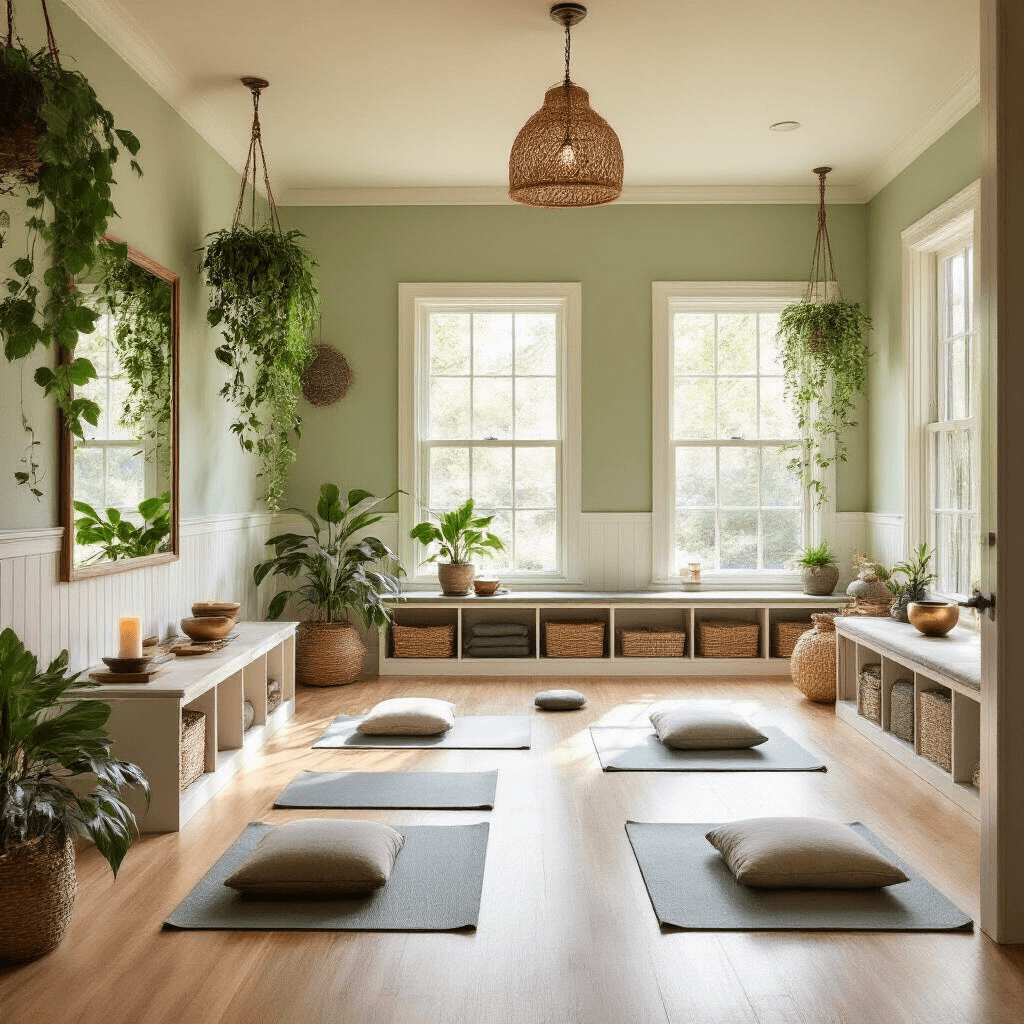 She Shed Ideas: Your Complete Guide to Creating the Perfect Backyard Retreat A tranquil yoga studio interior with light bamboo flooring and sage green walls, featuring yoga mats and meditation cushions, floor-to-ceiling mirrors, hanging plants, and a small altar with crystals and candles, all bathed in soft morning light.