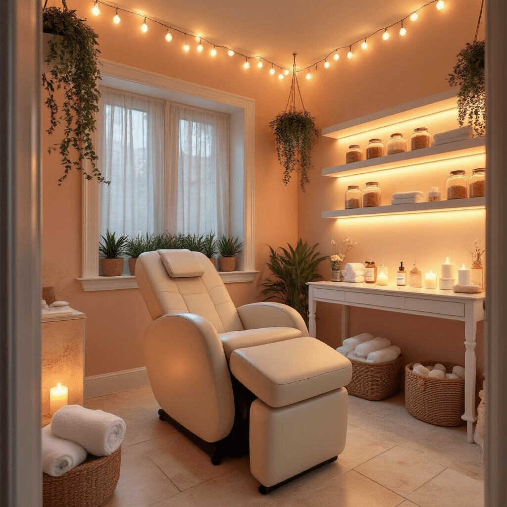 She Shed Ideas: Your Complete Guide to Creating the Perfect Backyard Retreat A cozy spa retreat she shed during twilight, featuring warm ambient lighting, travertine tile flooring, plush peach walls, a cream leather massage chair, essential oil diffusers, apothecary jars on floating shelves, a Hollywood-style vanity, hanging plants, and string lights creating an inviting atmosphere.