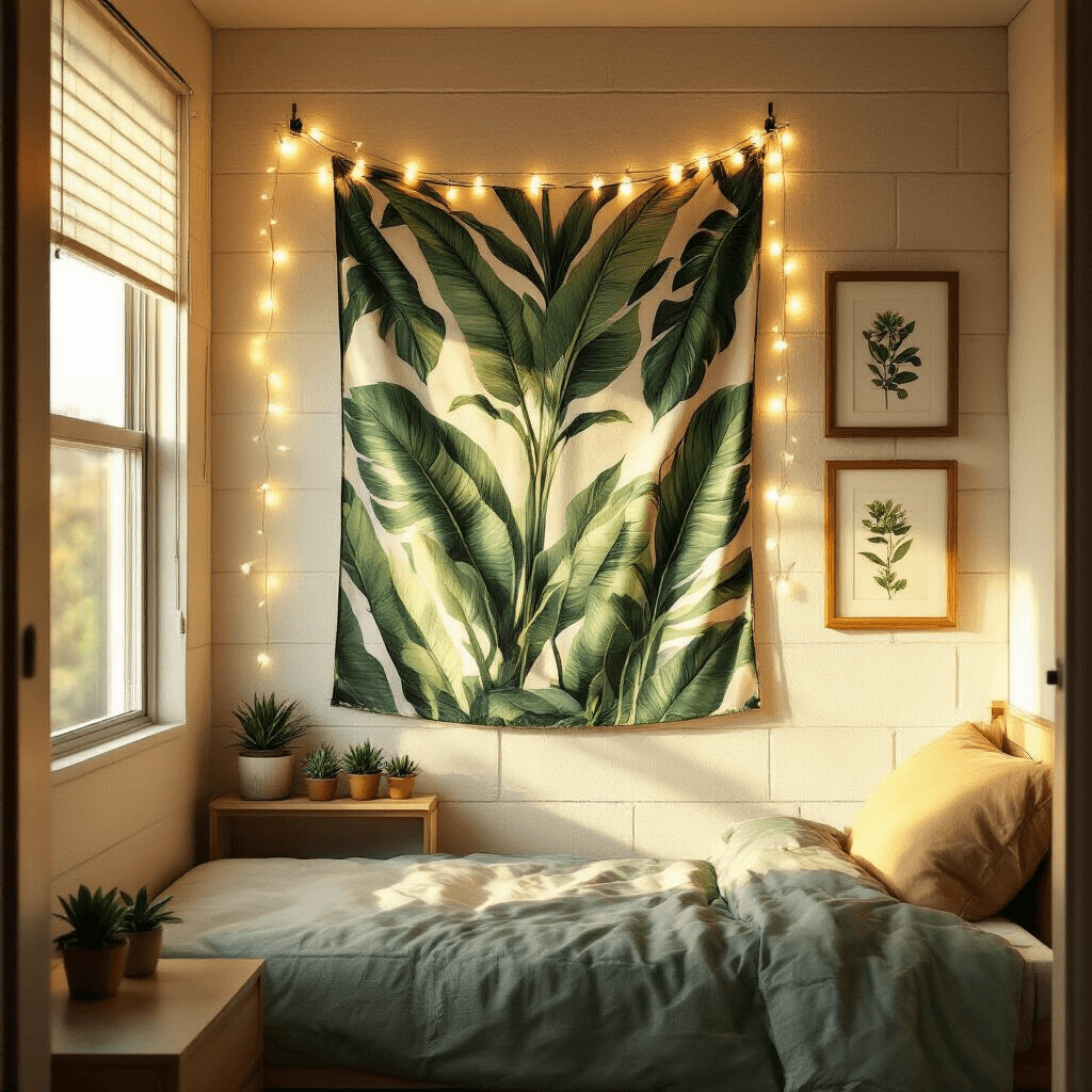 Transform Your Dorm Room: Wall Decor That Won't Get You Fined Photorealistic interior of a cozy college dorm room, showcasing a botanical-themed decor with a tropical leaf tapestry and framed prints, warm sunlight streaming through a window, LED string lights, and a serene atmosphere.
