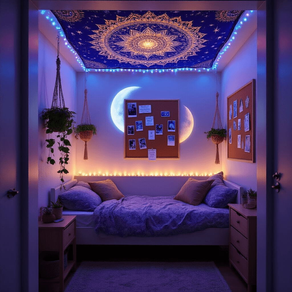 Transform Your Dorm Room: Wall Decor That Won't Get You Fined Photorealistic wide-angle view of a bohemian celestial-themed dorm room at twilight, featuring a large mandala tapestry, moon phase decals on pale lavender walls, macrame plant holders, a decorative corkboard, and a twin bed adorned with crescent moon fairy lights, all illuminated with ambient purple and blue lighting.