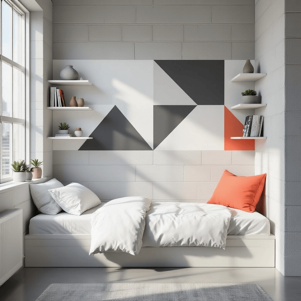 Transform Your Dorm Room: Wall Decor That Won't Get You Fined Photorealistic interior of a modern minimalist dorm room with a geometric accent wall, polished concrete floors, and clean architectural lines, featuring a twin bed, a wooden desk, and curated decor in morning light.