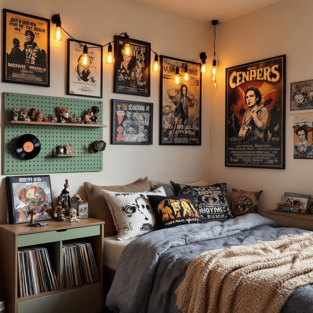 Transform Your Dorm Room: Wall Decor That Won't Get You Fined Photorealistic image of a vibrant dorm room featuring a gallery wall of framed vintage movie posters and band artwork, warm string lights above, a sage green pegboard with memorabilia, a styled twin bed with fandom-themed pillows, and shelves displaying vinyl records and action figures, all bathed in golden hour light.