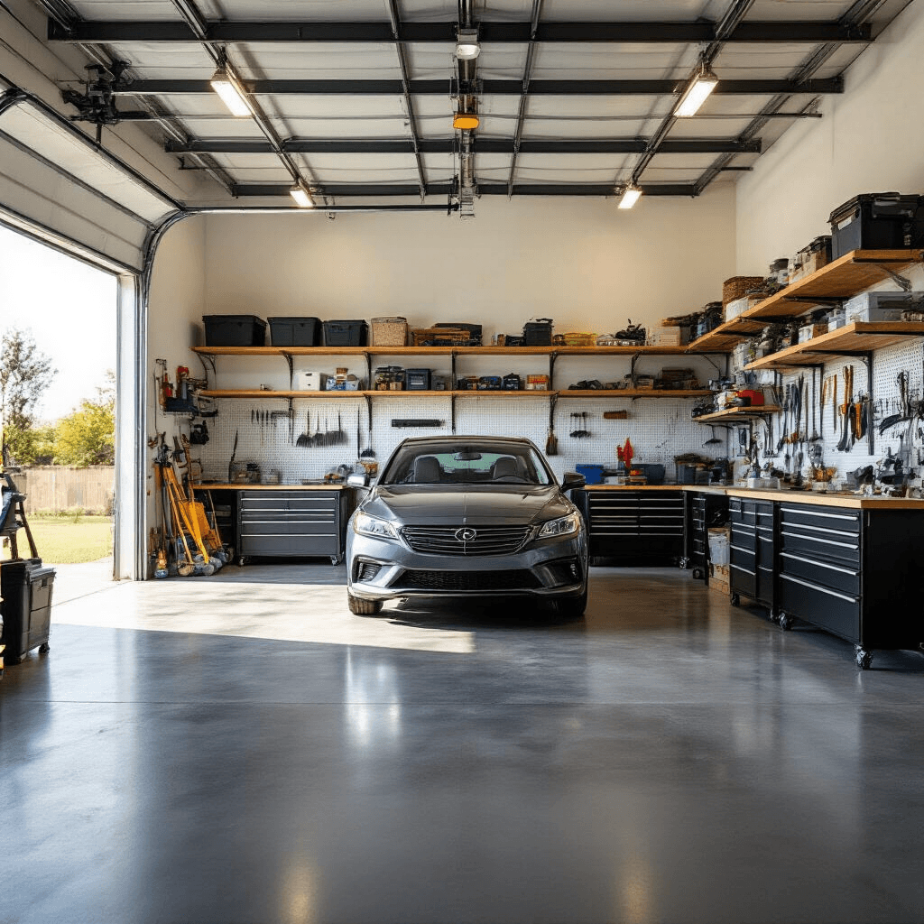 Transform Your Backyard: Everything You Need to Know About Choosing and Building the Perfect Shed Professional wide-angle interior shot of a spacious, organized garage with smooth concrete floors and white drywall, capturing golden hour sunlight through an open door, featuring a sleek sedan, wall-mounted storage for gardening tools, industrial shelving for labeled bins, and a well-lit workbench area.