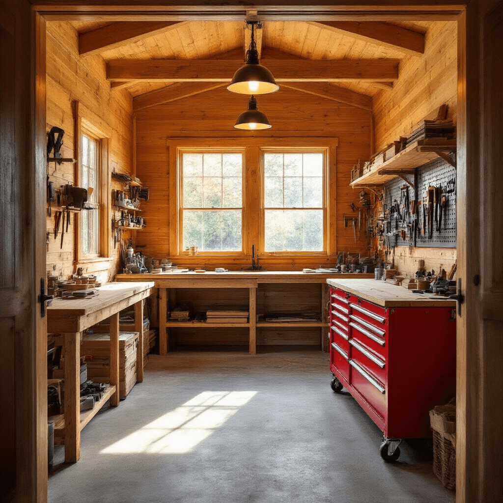 Transform Your Backyard: Everything You Need to Know About Choosing and Building the Perfect Shed Cinematic interior view of a custom wooden shed workshop flooded with warm natural light, featuring honey-stained cedar walls, an organized pegboard with tools, a sturdy workbench, industrial red tool cabinet, lumber racks, and a concrete floor with gray foam mats.