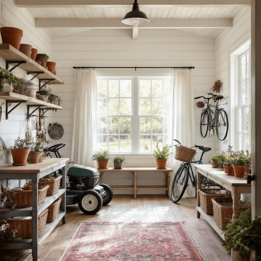 Transform Your Backyard: Everything You Need to Know About Choosing and Building the Perfect Shed Elegant and organized garden shed interior featuring whitewashed shiplap walls, large windows with sheer curtains, galvanized shelving with gardening supplies, a weathered potting bench, and a medium oak floor, all bathed in soft morning light.