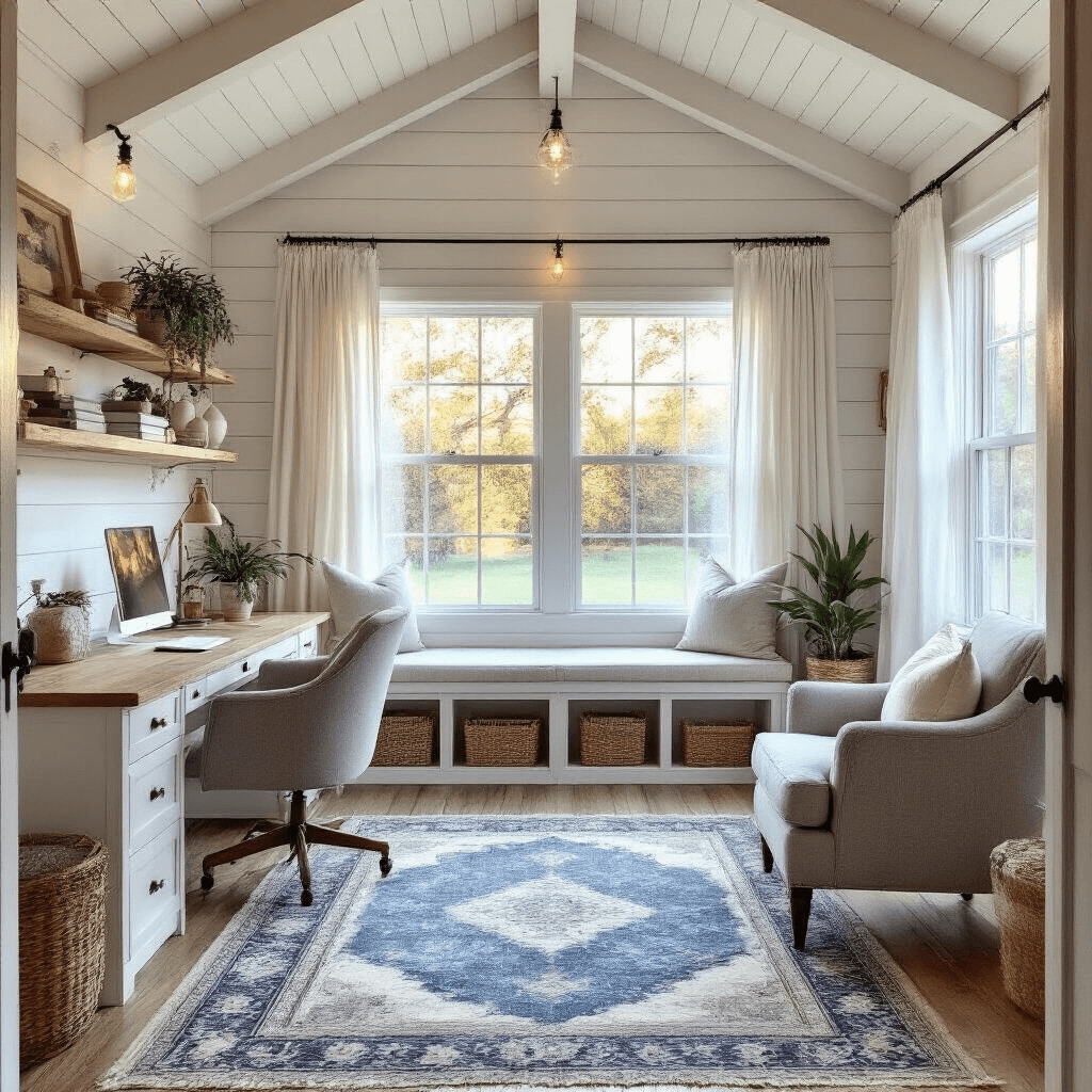 Transform Your Backyard: Everything You Need to Know About Choosing and Building the Perfect Shed Dramatic interior of a converted she-shed home office, featuring a large window with white curtains, a wooden desk bathed in golden hour light, vaulted whitewashed walls, and a cozy reading area with a vintage rug and plush chair, all enhanced by string lights and a serene color palette.