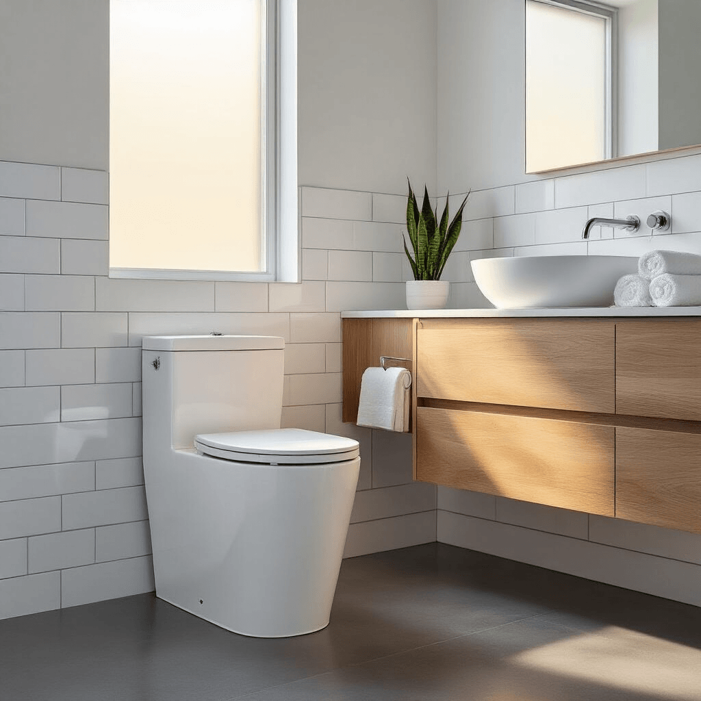 Modern Toilets: Everything You Need to Know About Today's Bathroom Game-Changers Cinematic wide-angle shot of a modern minimalist bathroom featuring a sleek white one-piece toilet as the centerpiece, polished concrete floors, floor-to-ceiling white subway tiles, a floating white oak vanity with an integrated sink, and warm golden hour light filtering through a frosted glass window.
