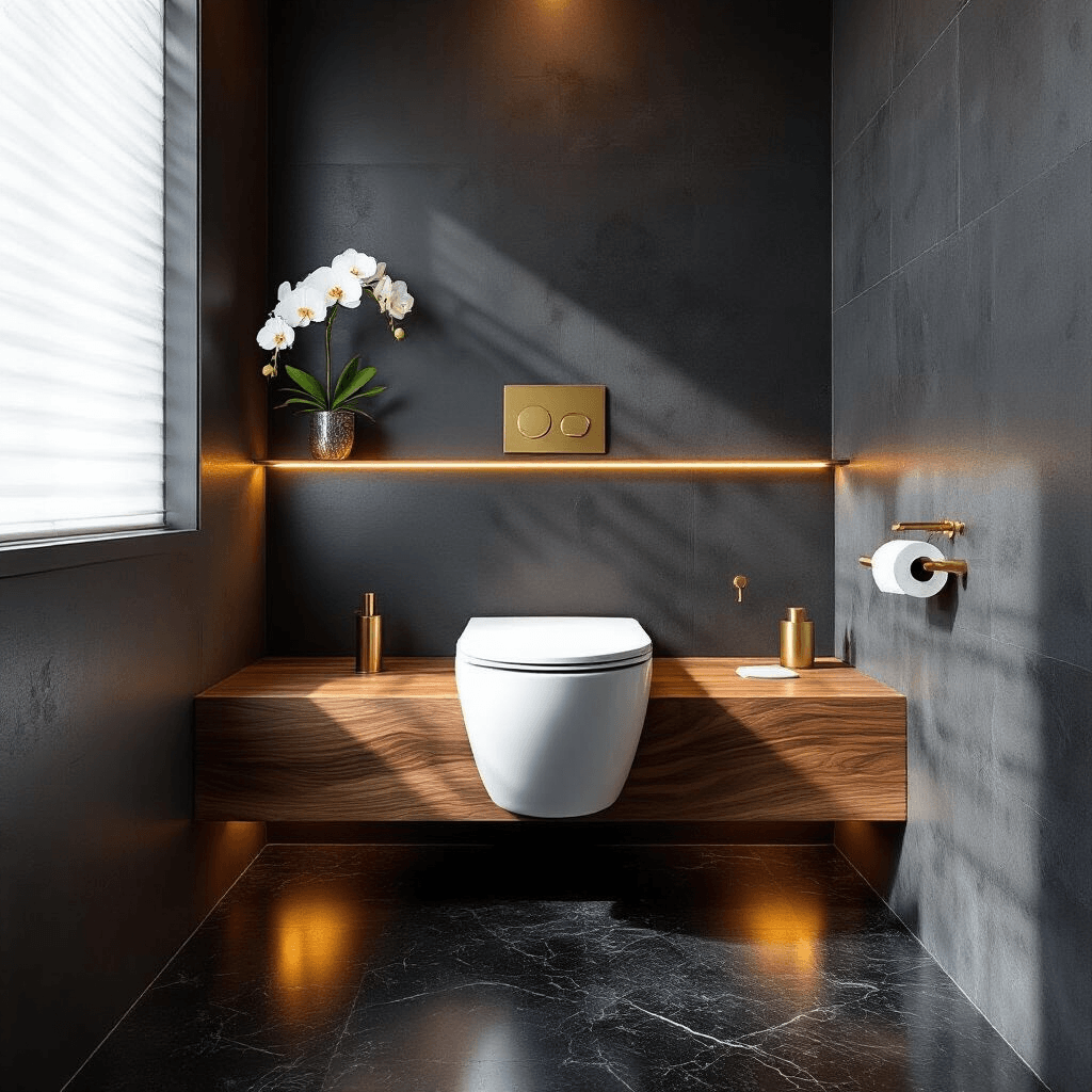 Modern Toilets: Everything You Need to Know About Today's Bathroom Game-Changers A dramatic low-angle view of an ultra-modern powder room featuring a floating wall-mounted toilet above polished black granite floors, with a black accent wall, integrated LED lighting, warm brass fixtures, and a live-edge walnut shelf adorned with a white orchid, all reflecting sophisticated design elements.