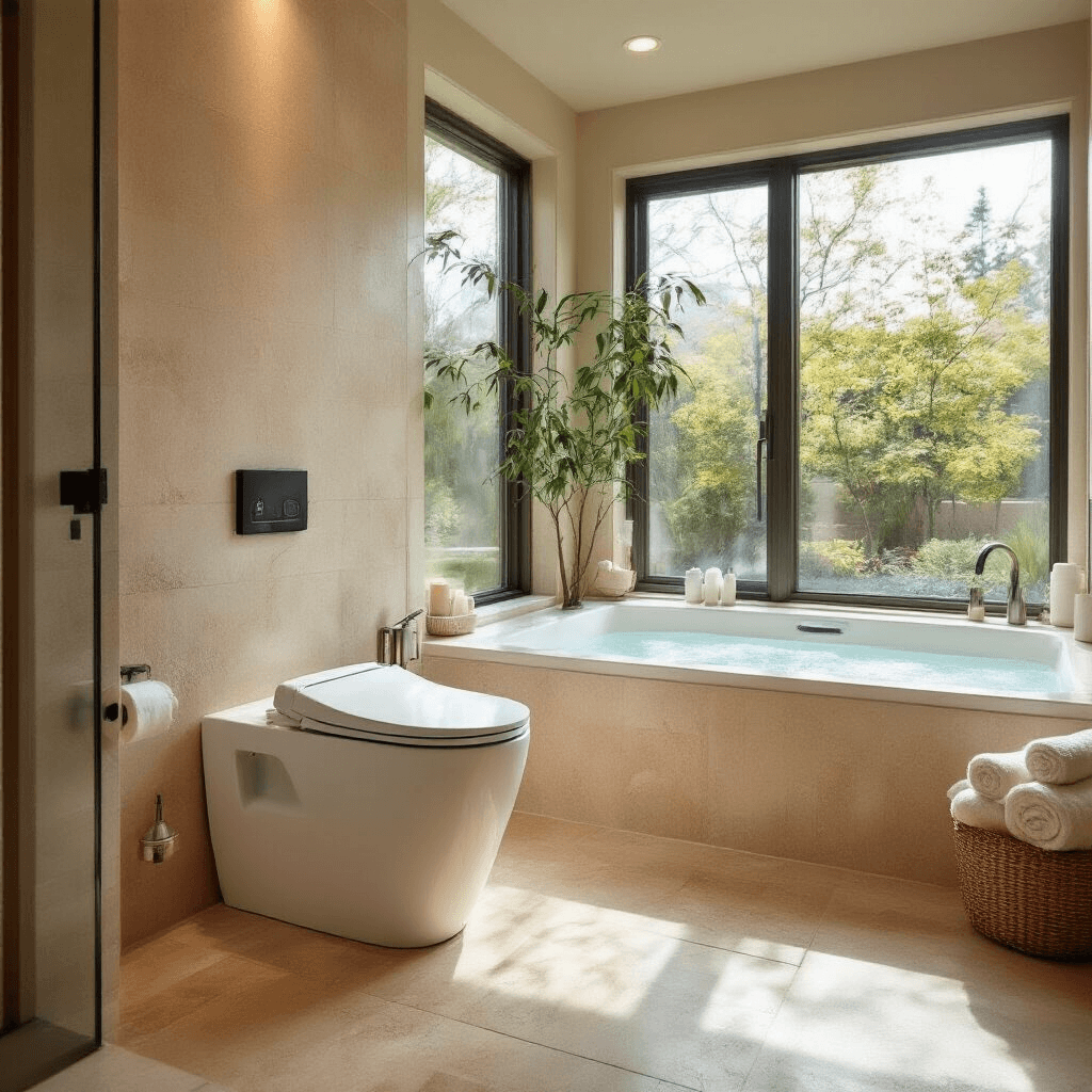 Modern Toilets: Everything You Need to Know About Today's Bathroom Game-Changers High-end master bathroom featuring a smart toilet with bidet and nightlight, heated travertine floors, floor-to-ceiling windows, freestanding soaking tub, and soft ambient lighting, showcasing a serene spa-inspired atmosphere.