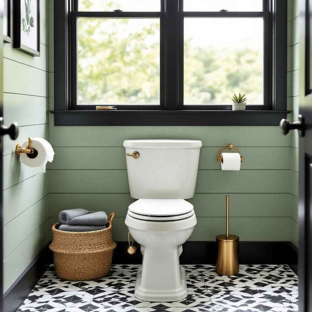 Modern Toilets: Everything You Need to Know About Today's Bathroom Game-Changers Editorial overhead shot of a contemporary guest bathroom featuring an elongated comfort-height toilet with antimicrobial surface technology, geometric black and white penny tile flooring, soft sage green shiplap walls, and brass hardware accents, illuminated by natural light from a pivot window.