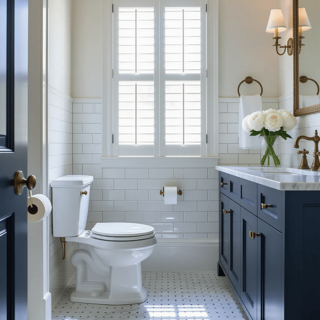Modern Toilets: Everything You Need to Know About Today's Bathroom Game-Changers Professional architectural photography of a transitional bathroom featuring a two-piece toilet with advanced flushing technology, classic white subway tiles in herringbone pattern, dark navy blue lower cabinets, and carrara marble countertops, accented by antique brass fixtures and fresh white peonies, all bathed in warm afternoon light.