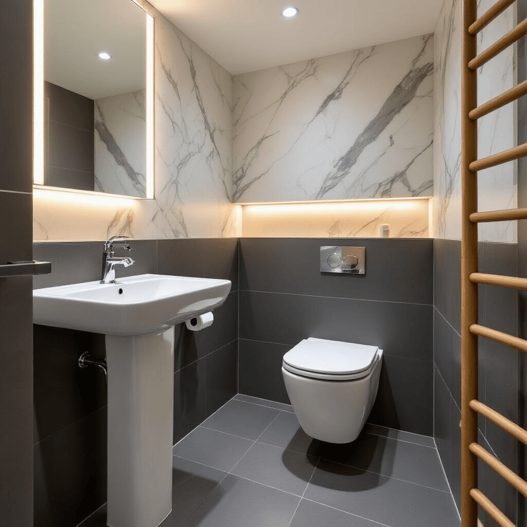 Cloakroom Toilet Ideas That'll Make Your Guests Actually Want to Use Your Loo Interior of a sophisticated cloakroom featuring a corner pedestal sink, wall-mounted toilet, illuminated LED mirror cabinet, and a bamboo ladder shelf, all set against charcoal grey porcelain tiles and geometric terrazzo flooring, with warm recessed lighting and natural light from a reeded glass window.
