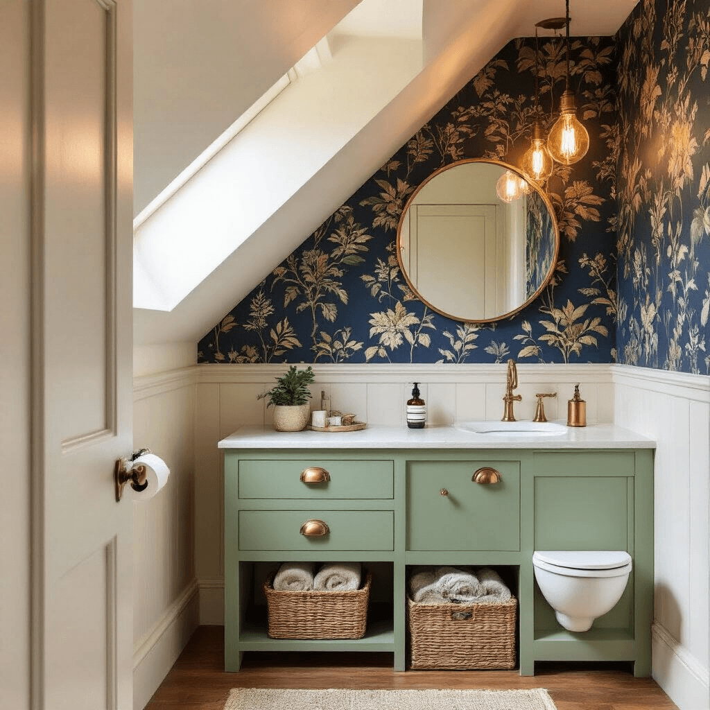 Cloakroom Toilet Ideas That'll Make Your Guests Actually Want to Use Your Loo Interior view of a compact under-stairs cloakroom featuring a sloped ceiling, with a sage green wall-hung vanity, brass accents, and bold navy and gold botanical wallpaper. A round brass mirror reflects warm Edison bulb lighting, while a woven basket holds towels beneath the vanity. Rich oak-toned vinyl flooring and an antique brass towel rail complete the cozy atmosphere enhanced by soft LED ambient lighting.