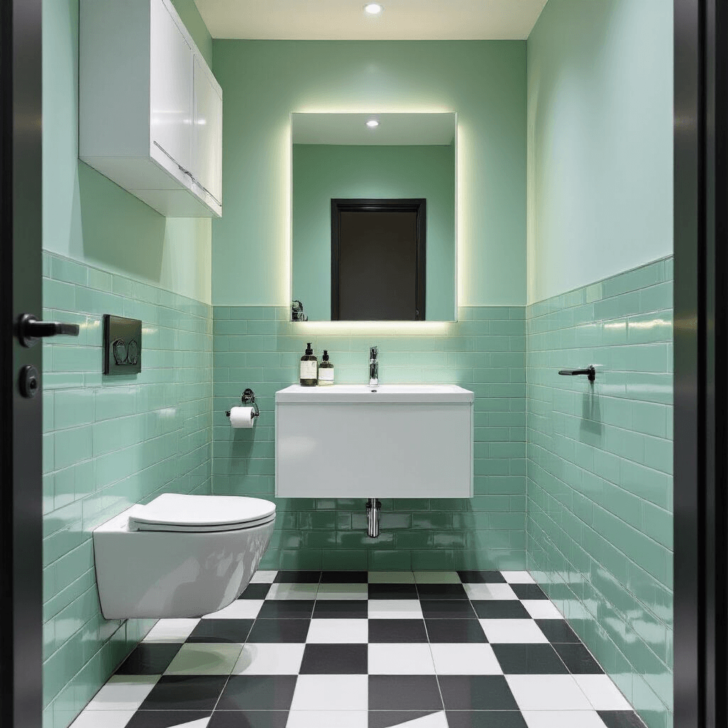 Cloakroom Toilet Ideas That'll Make Your Guests Actually Want to Use Your Loo Contemporary cloakroom interior with a mint green penny tile accent wall, wall-mounted combo toilet-basin unit, striking black and white geometric floor tiles, large frameless mirror, recessed LED downlights, and minimal decorative elements, featuring a small air plant in a geometric concrete planter.