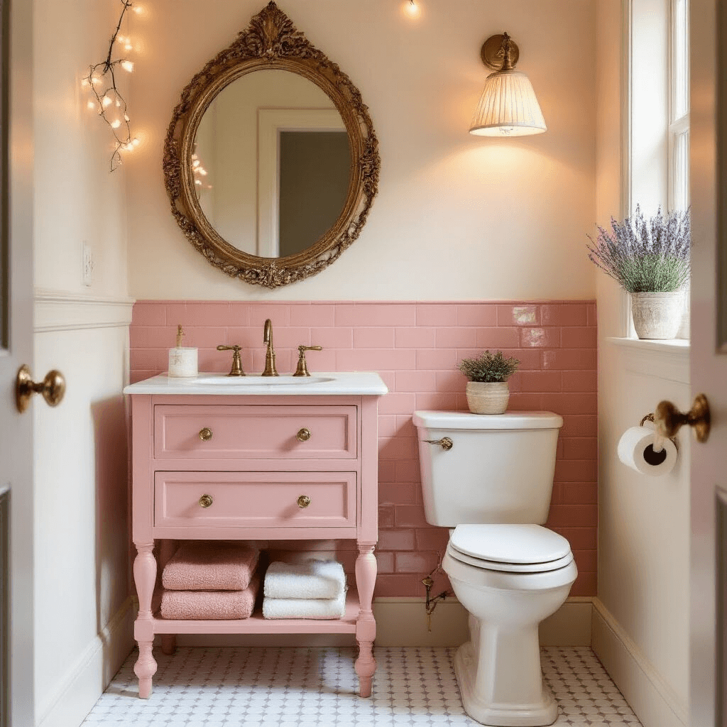 Cloakroom Toilet Ideas That'll Make Your Guests Actually Want to Use Your Loo A cozy powder room featuring a dusty pink wall-hung vanity with carved wooden legs, salmon pink subway tiles, a vintage circular mirror with a brass frame, and warm pendant lighting, all accented by white hexagonal floor tiles and a potted lavender plant.