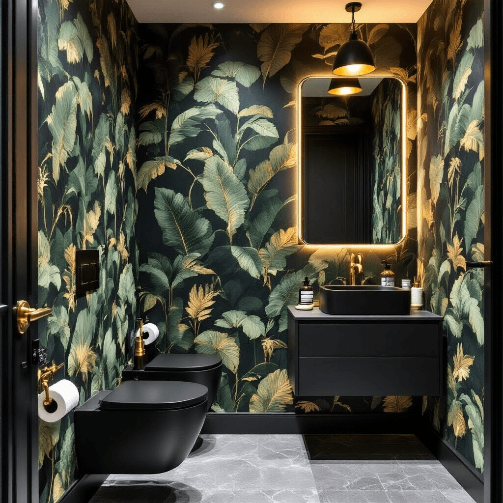 Cloakroom Toilet Ideas That'll Make Your Guests Actually Want to Use Your Loo Dramatic cloakroom with dark botanical wallpaper featuring oversized green and gold leaves, matte black fixtures, grey marble-look tiles, illuminated mirror, and warm evening lighting, emphasizing bold patterns and rich textures in a compact 1.6-square-meter space.