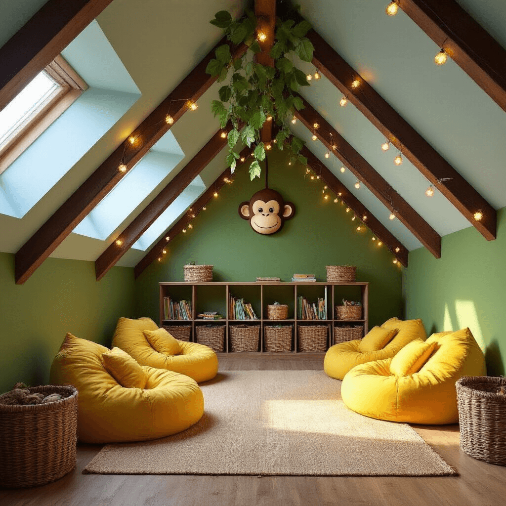 How to Transform Your Attic Into a Cozy Monkey-Themed Kids' Playroom A whimsical attic playroom with sloped ceilings, deep jungle green and soft sky blue walls, illuminated by golden sunlight. Features include hanging vines, a monkey wall decal, banana-yellow bean bag chairs, a bookshelf, and warm LED string lights creating a cozy atmosphere.