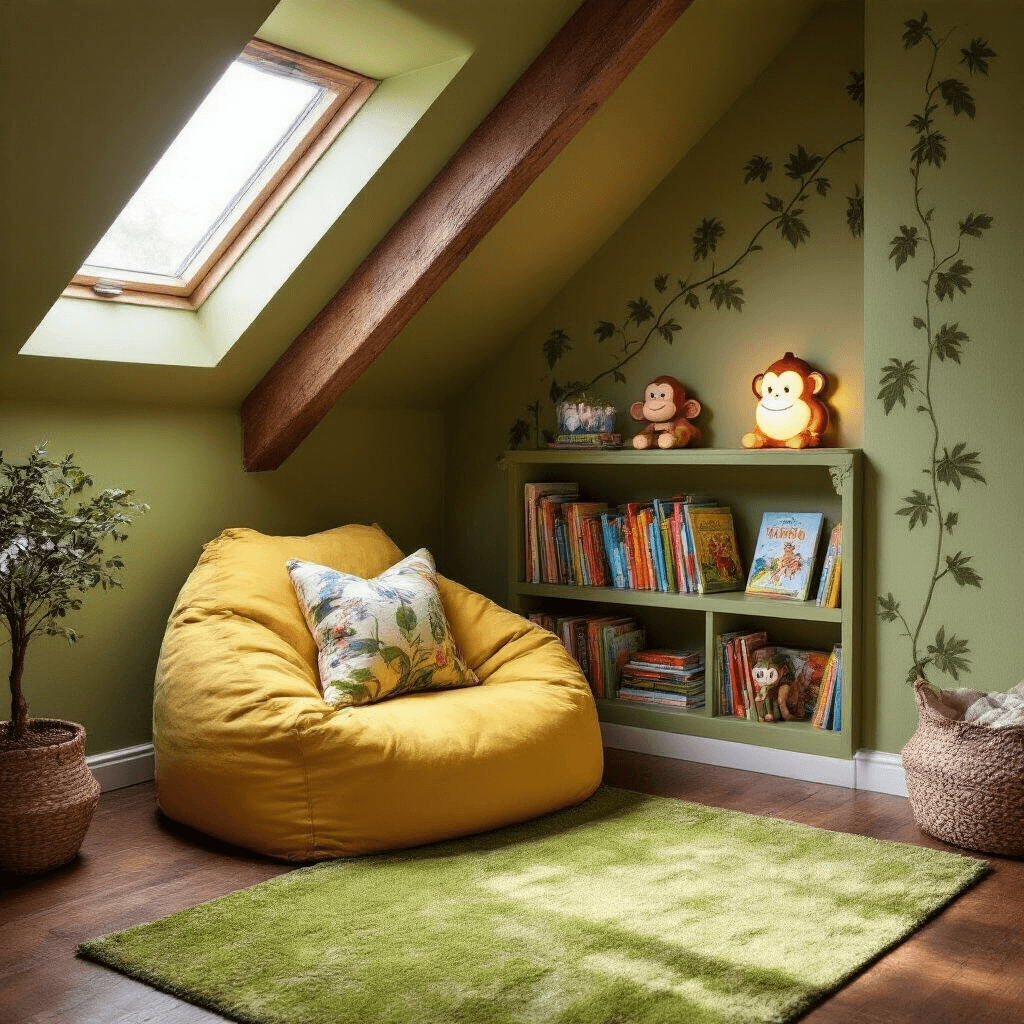 How to Transform Your Attic Into a Cozy Monkey-Themed Kids' Playroom A cozy attic reading nook with olive green walls and vine stencils, featuring a kid-sized bright yellow bean bag chair, a small tree-shaped bookcase filled with colorful children's books, and a glowing monkey-shaped night light, all under exposed ceiling beams adorned with warm rope lighting.