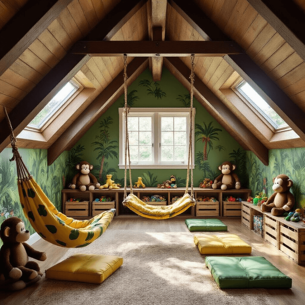 How to Transform Your Attic Into a Cozy Monkey-Themed Kids' Playroom Spacious attic playroom with a swing, hammock chair, jungle-themed decor, and colorful toy storage, illuminated by late afternoon sunlight and featuring rich chocolate brown and emerald green walls.