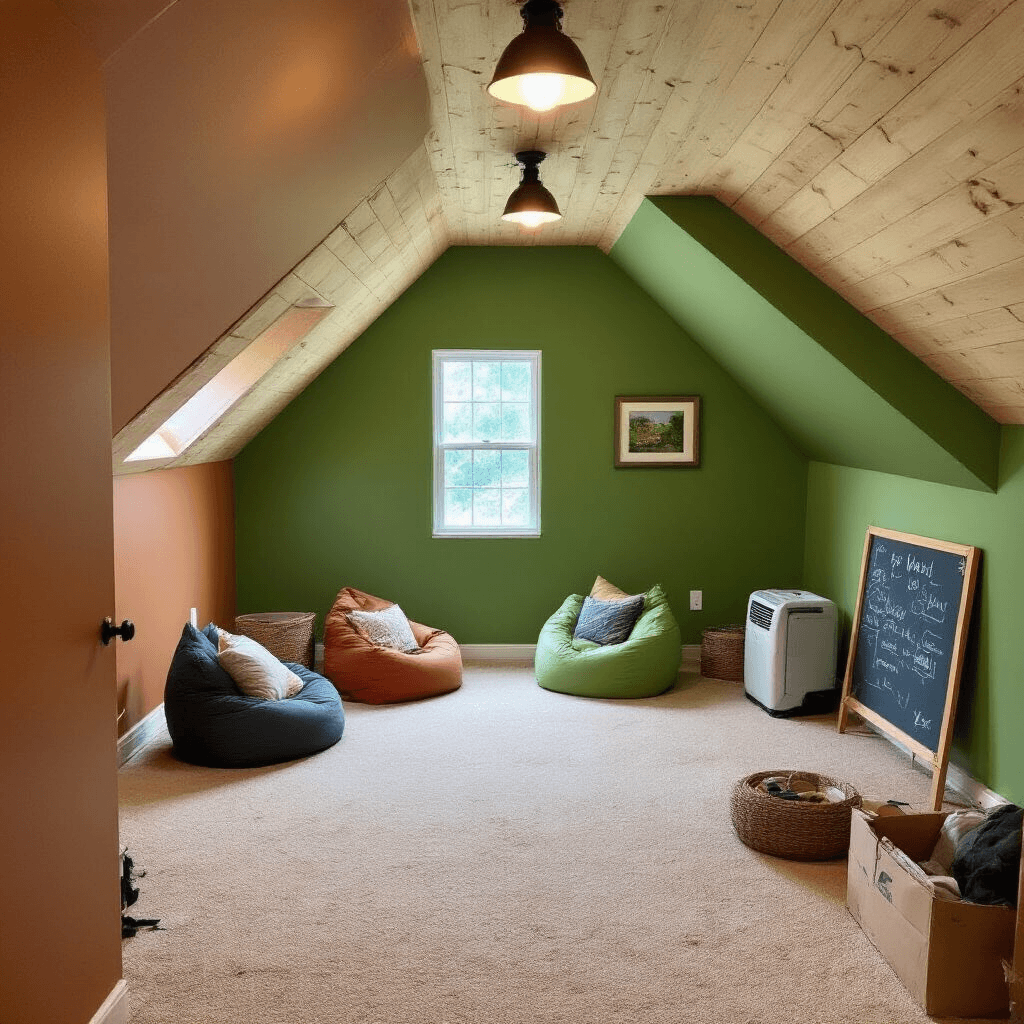 How to Transform Your Attic Into a Cozy Monkey-Themed Kids' Playroom A bright attic playroom transformation with jungle green and light green walls, featuring a portable air conditioning unit and space heater, bean bags, tall storage, a chalkboard wall, and empty picture frames, all under clean LED lighting.
