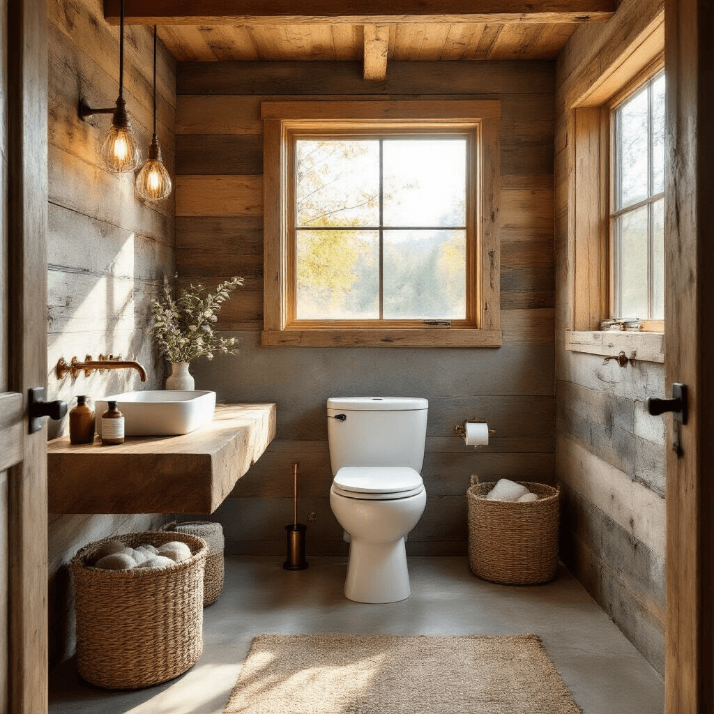 What Is an Outdoor Toilet? Everything You Need to Know Before Installing One Wide-angle view of a modern rustic bathroom featuring a sleek white composting toilet against reclaimed barn wood walls, illuminated by warm sunlight through a frosted glass window. The space includes exposed ceiling beams, concrete floors, a floating live-edge walnut vanity, and woven jute baskets. The color palette consists of sage green and warm gray with brass fixtures.