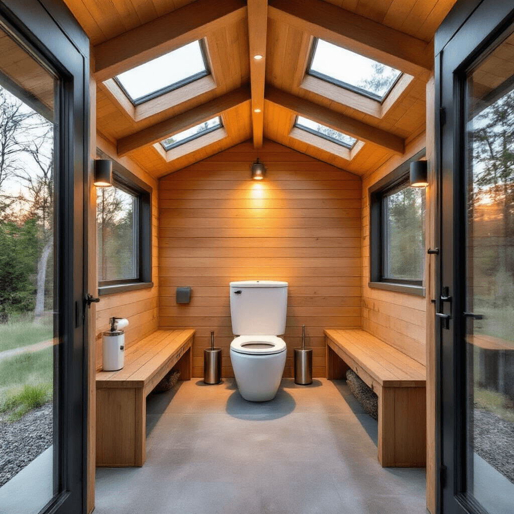 What Is an Outdoor Toilet? Everything You Need to Know Before Installing One Elegant outdoor toilet structure with cedar lining, showcasing a premium composting unit and vaulted ceiling with skylights, illuminated by soft morning light. The polished concrete floor features embedded river stones, and a sliding barn door provides entry. Modern amenities include LED strip lighting and a solar-powered ventilation fan, accented with copper against a natural cedar and charcoal gray color scheme. The image captures the functional and sophisticated design, focusing on the central toilet area.