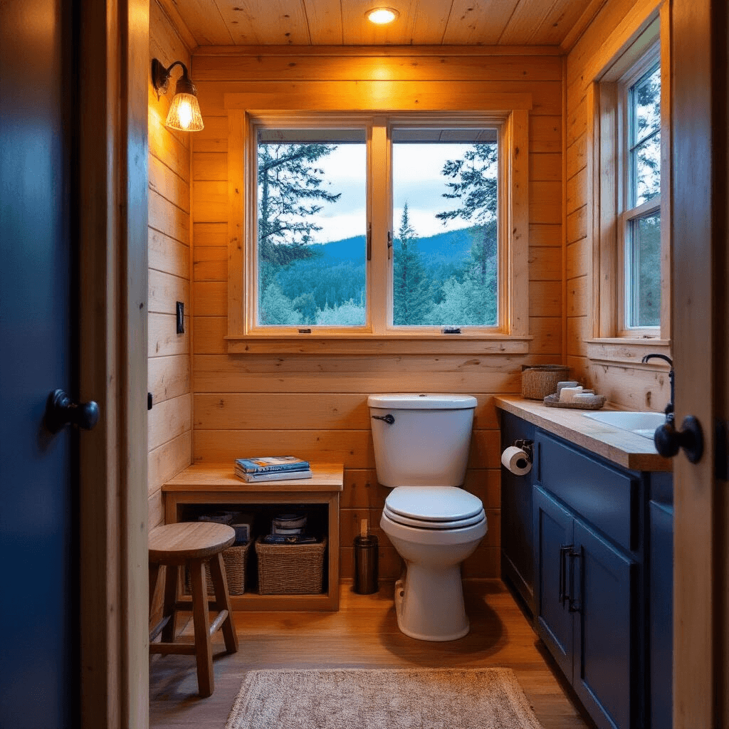 What Is an Outdoor Toilet? Everything You Need to Know Before Installing One Cozy off-grid bathroom in a tiny house during blue hour, featuring a composting toilet, tongue-and-groove pine paneling, cork flooring, and a large window with forest views, enhanced by warm LED lighting and honey wood tones with navy blue and cream accents.